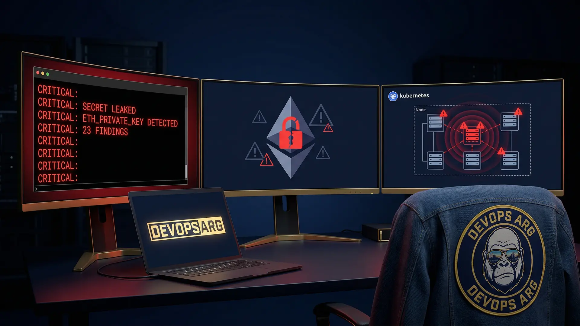 Dark cinematic security operations war room with three monitors showing red CRITICAL alerts, Ethereum lock icon, and Kubernetes warning nodes
