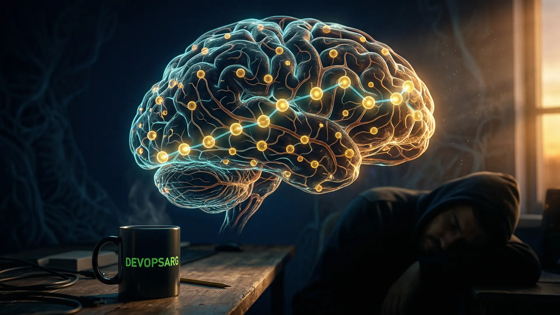 Bioluminescent neural mesh of gold and cyan synapses diagnosing an incident above a sleeping SRE engineer at dawn, DEVOPSARG coffee mug on desk