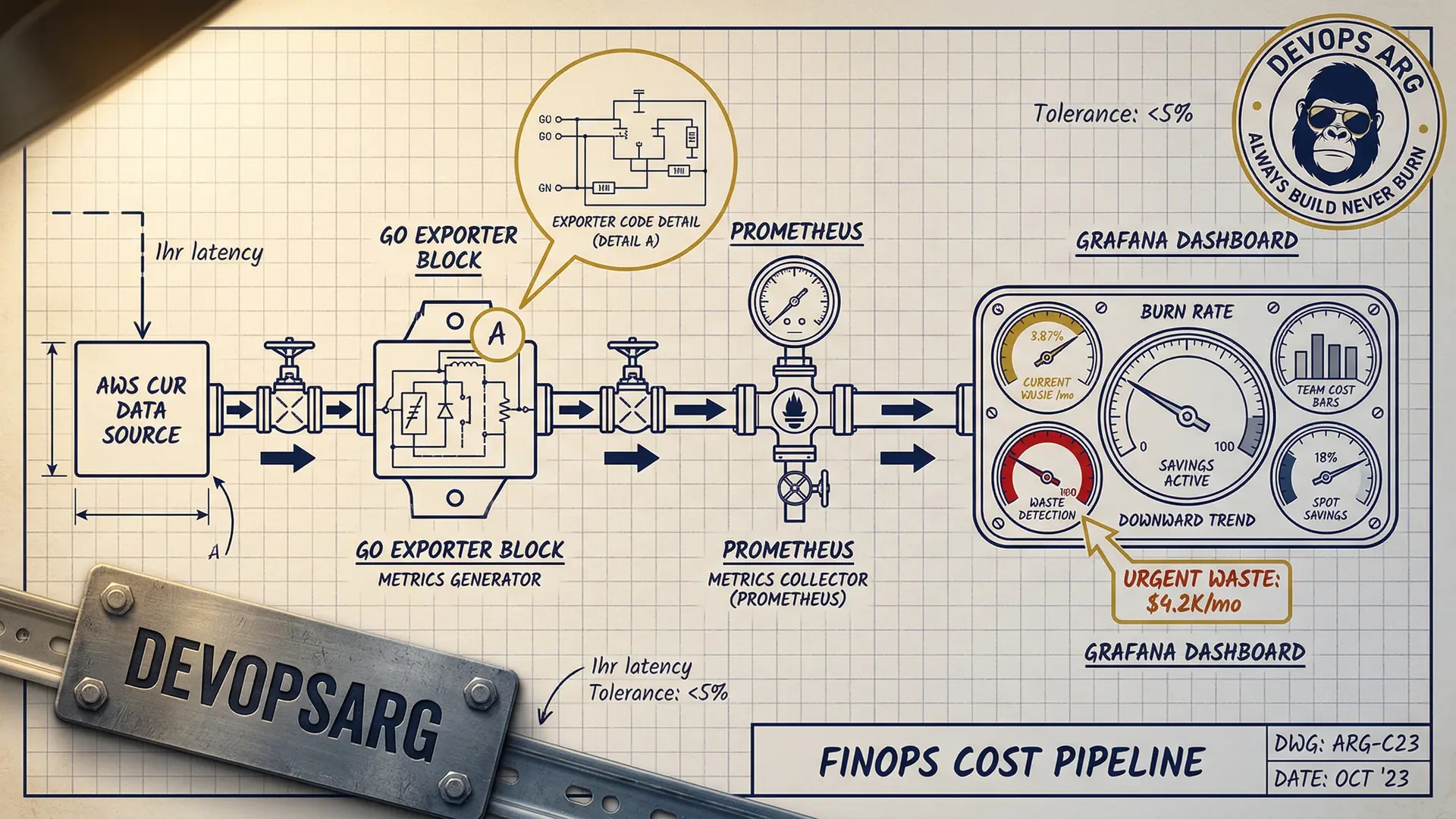 Engineering blueprint schematic of a FinOps cost pipeline — AWS CUR, Go exporter, Prometheus gauge, and Grafana dials in navy and gold on cream drafting paper