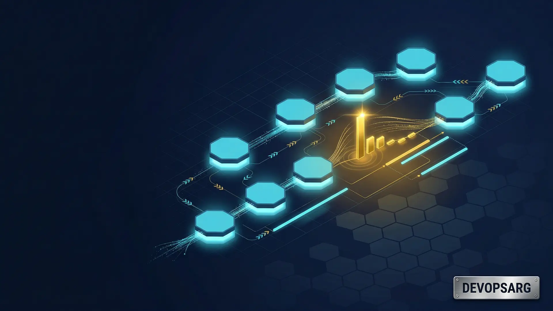 Eight glowing cyan hexagonal microservice nodes connected by luminous trace-span threads in a dark navy space, with a gold N+1 anomaly spike illuminating the distributed payment flow