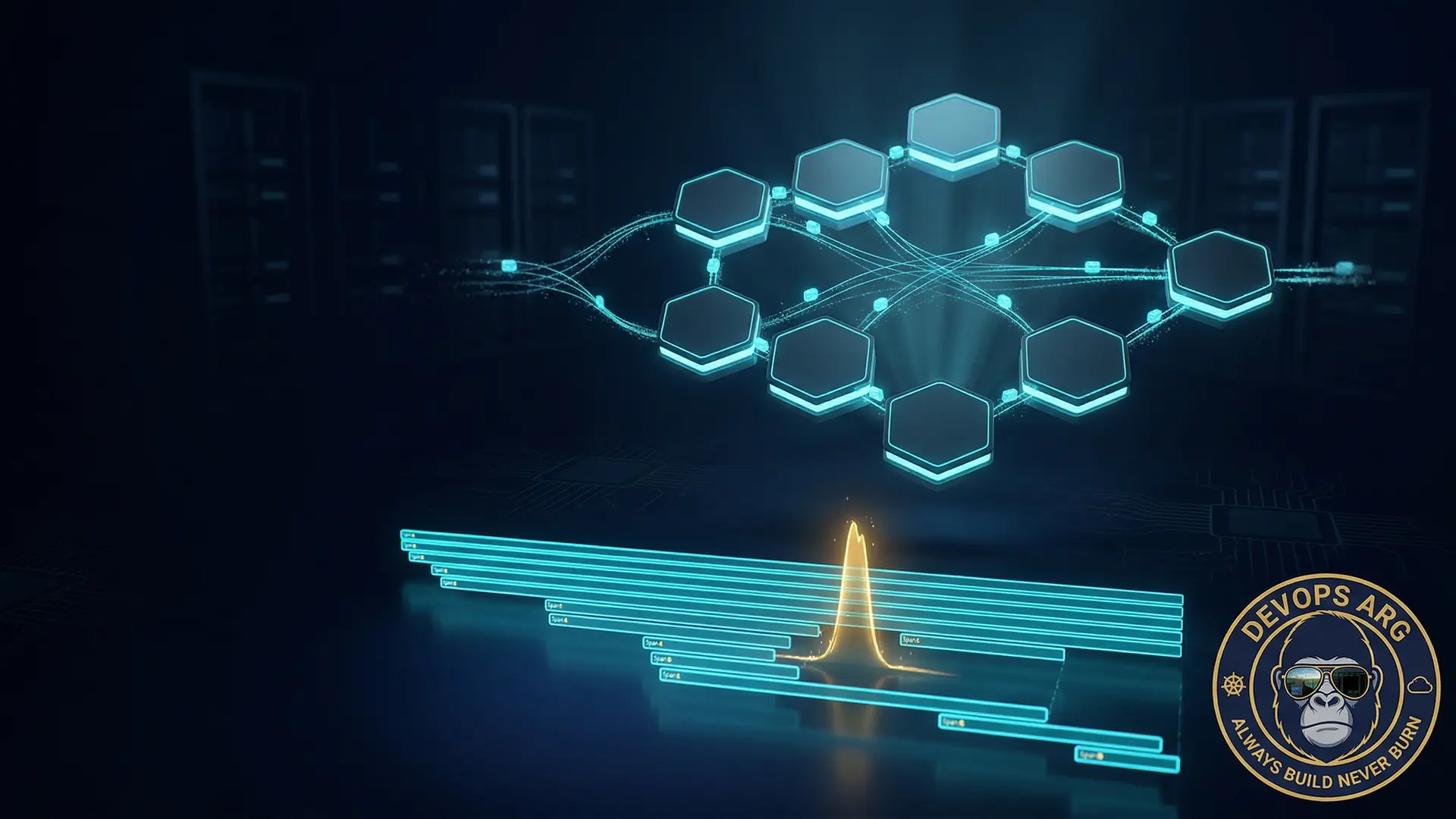 Ocho nodos hexagonales de microservicios conectados por hilos de traza cian luminosos en un espacio navy oscuro, con un pico de anomalía N+1 dorado iluminando el flujo distribuido de pagos