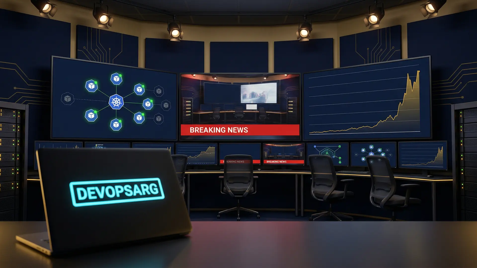 TV newsroom control room with monitors showing a BREAKING NEWS chyron, a Kubernetes cluster scaling up, and a traffic spike graph, DEVOPSARG laptop sticker in foreground