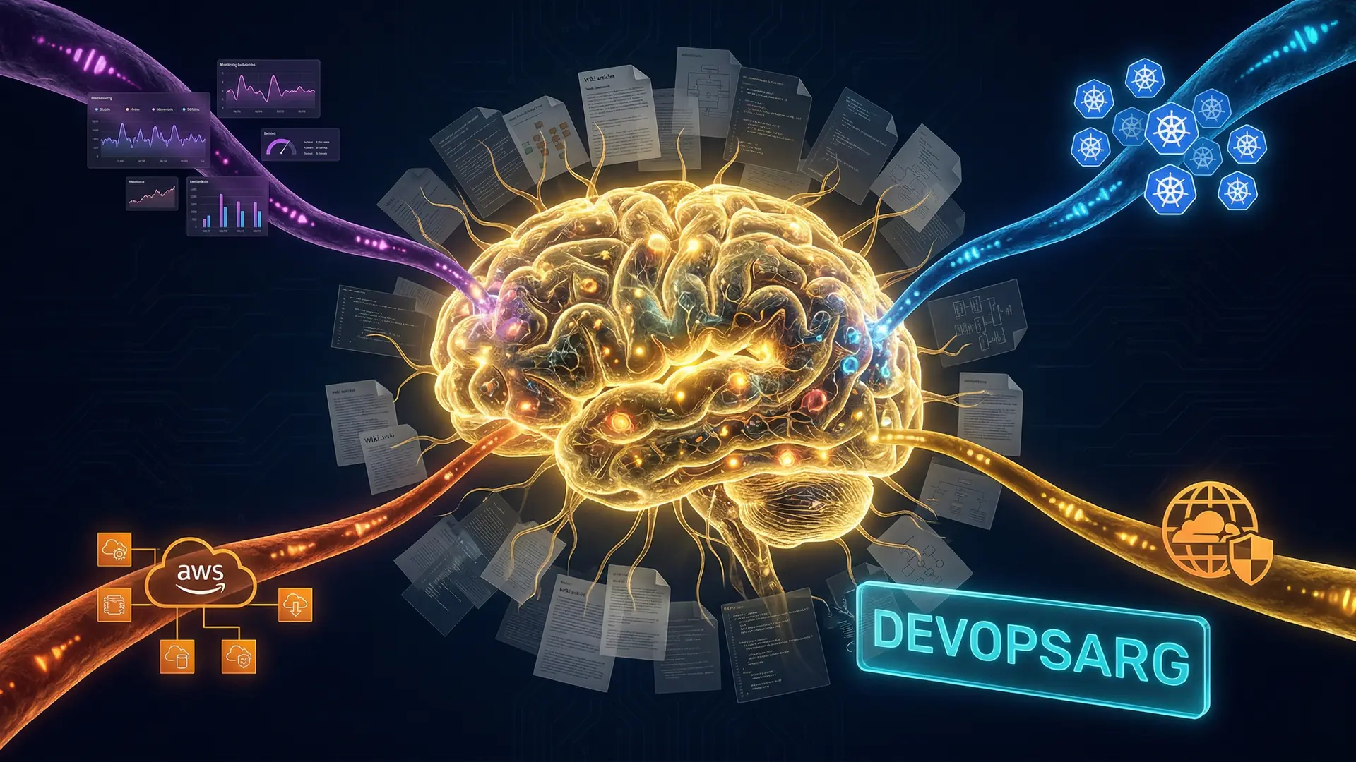 Luminous gold neural mesh absorbing data streams from Datadog, Kubernetes, AWS, and Cloudflare arteries in a deep navy void